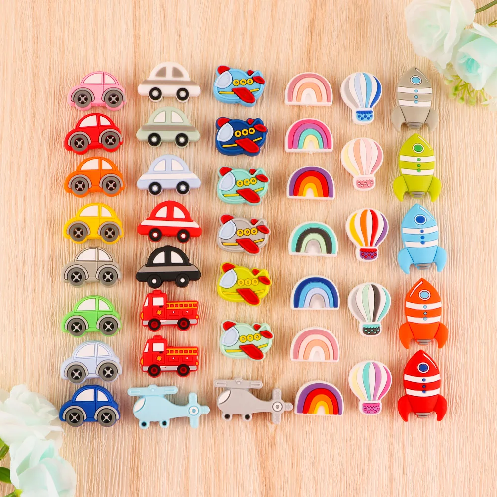 5/10pcs Silicone Beads Car Plane Rainbow Series For Jewelry Making Charms For Bracelet DIY Pacifier Chain Accessories Baby Toys