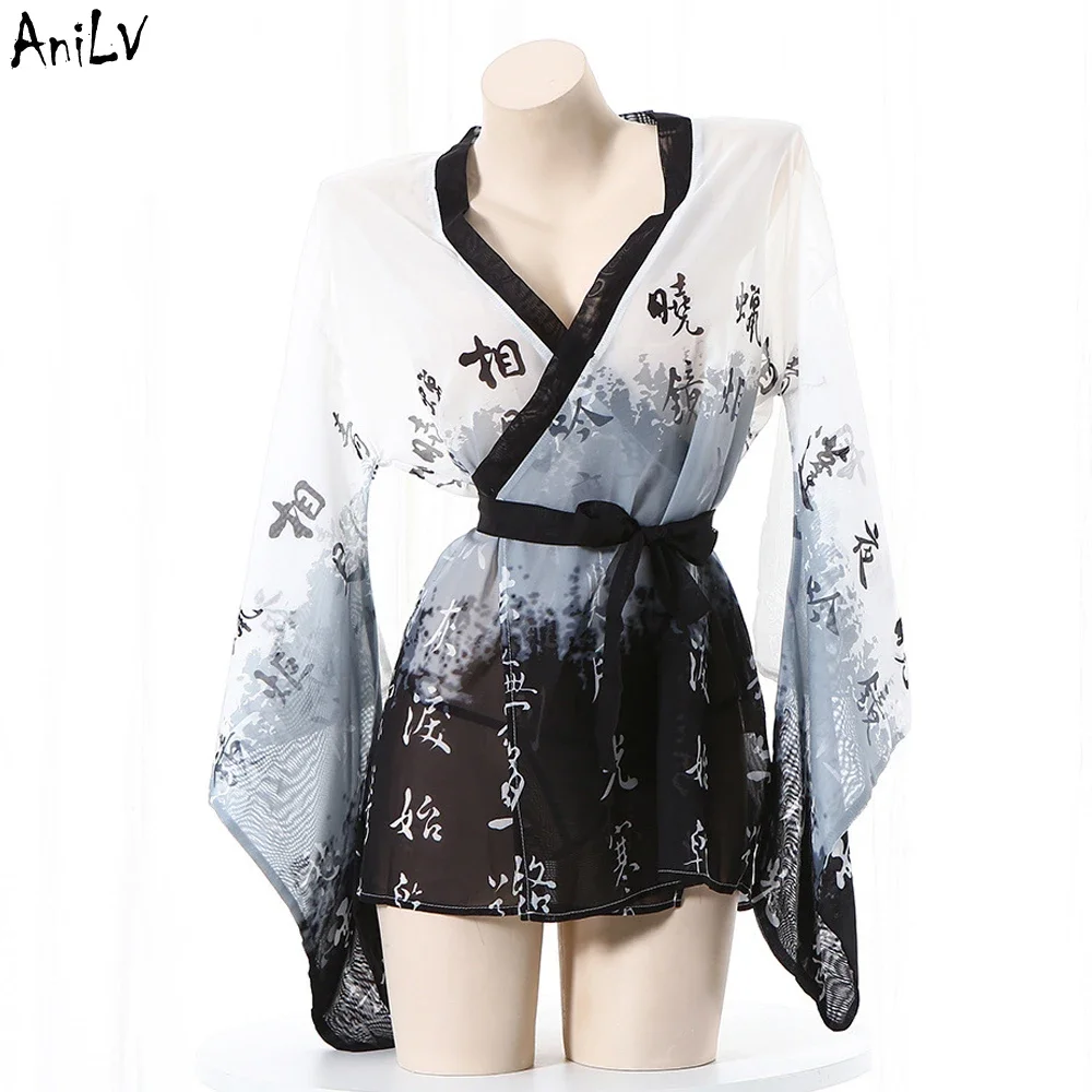 

AniLV Chinese Calligraphy Ink Night Robe Uniform Women Ancient Hanfu Bathrobe Perspective Kimono Pajamas Cosplay Costumes