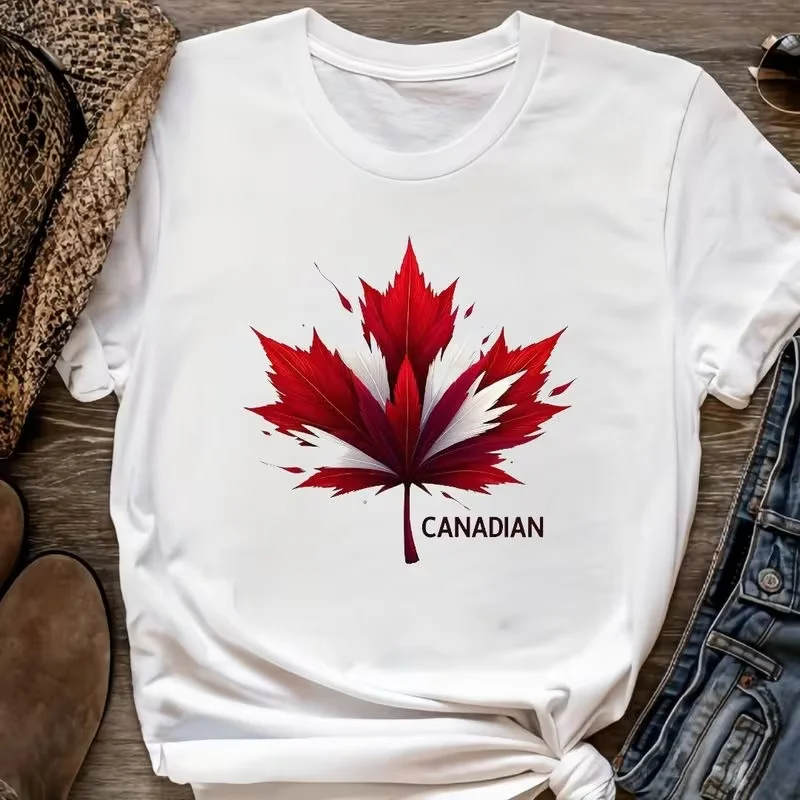 T-Shirt mit Ahornblatt-Print und kurzen Ärmeln für Damen und Herren, Kanada, Rundhalsausschnitt, vielseitiges, lässiges Grafik-Top, weißes, minimalistisches Y2k-Top – Detail 4