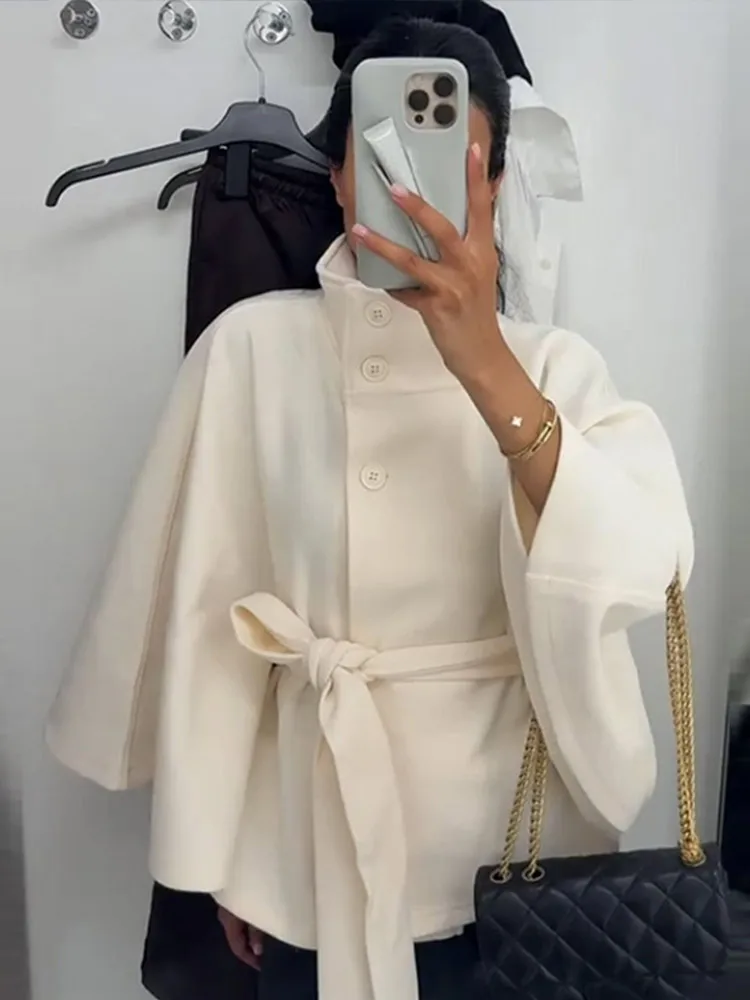 Femmes Cape courte manteaux pour femmes ceinture fausse laine mélanges manteaux automne hiver solide manteaux élégant Cape veste dames 2025