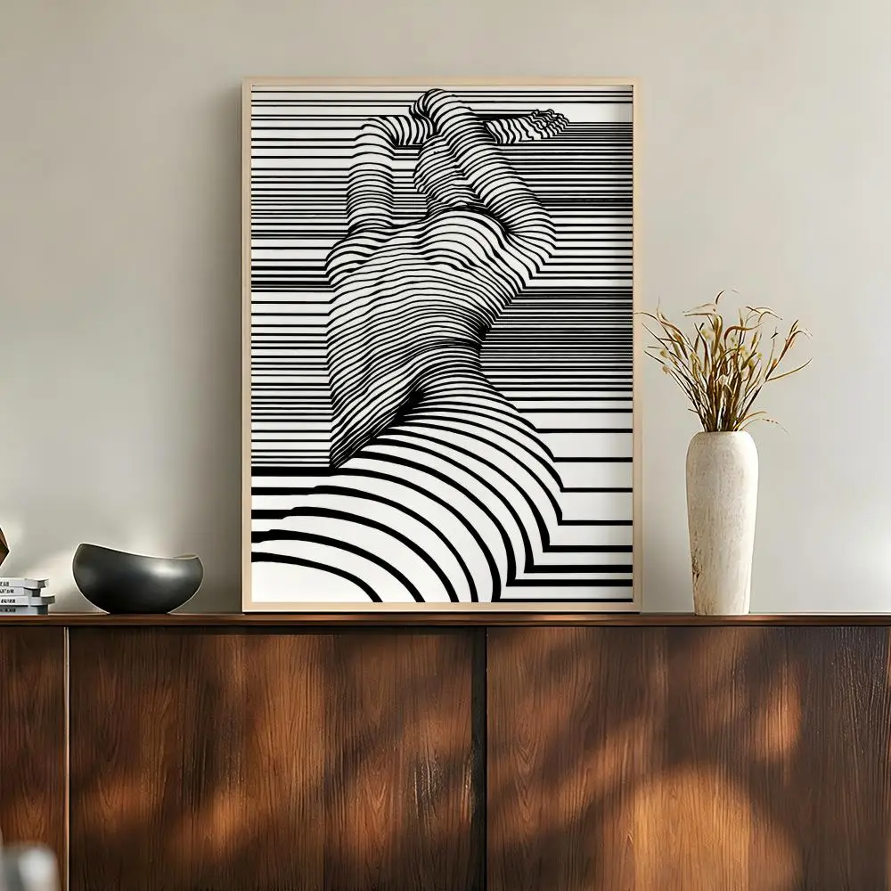Black White Optical Illusion Lines Surreal Portrait Abstract Poster Modern Aesthetic Wall Art for Home Bar Cafe Bathroom Decor