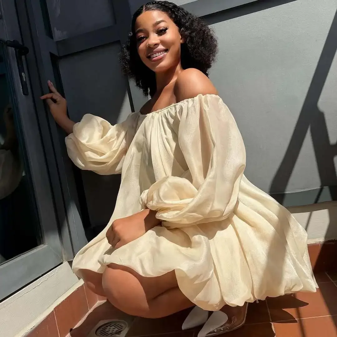 Summer New Women's Off Shoulder Puff Sleeve Loose Flounce Hem Mini Dress Elegant Slimming Comfort Casual All-match Commute Dress