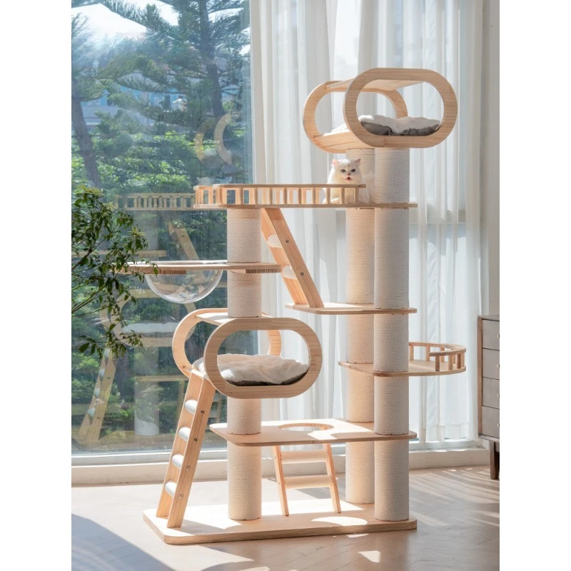 Large Wooden Tree Tower for Cat, Multiple Hamocks Toys, Scratcher, Condo Training, Pet Products, Home Decoration