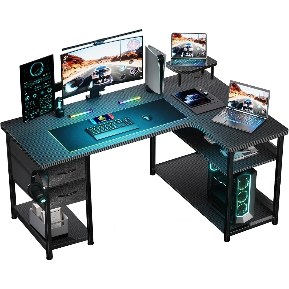 Bureau de jeu avec tiroirs, bureau d'ordinateur en forme de L de Style Fiber de carbone Compatible avec bras de moniteur, Table de jeu d'angle pour Ho