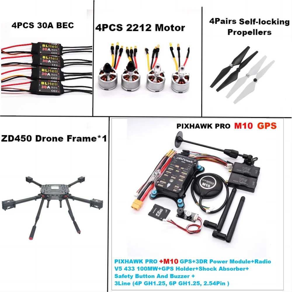 Kit complet de cadre PIXHAWK PRO M10 450-Arupilot, télémétrie 100MW, ESC BLHELI 30A, moteurs 2212-grande valeur pour les amateurs de drones