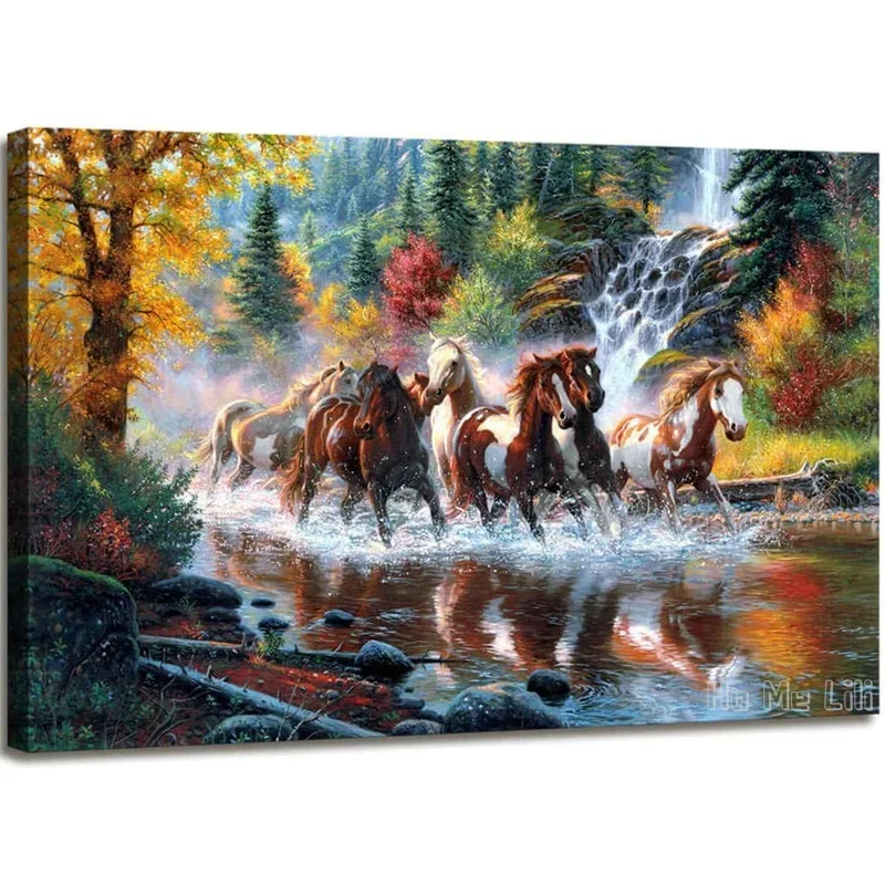 Simple Life Mountain Stream Landscape Running Horse Wild Animal Abstract Canvas Modern By Ho Me Lili Wall Art Office Decor