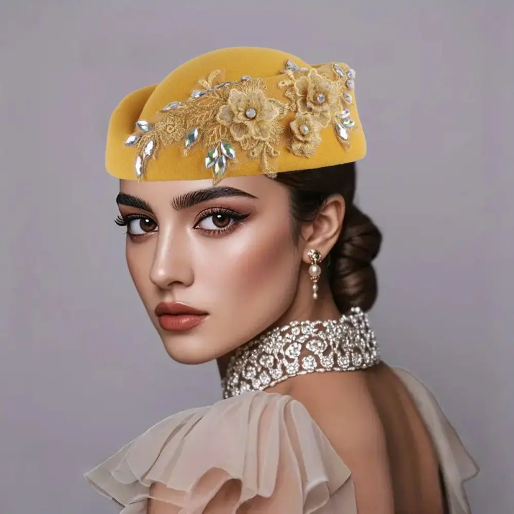 

Woolen Top Hat Vintage Topper Hat Rhinestone Lace Felt Beret Flower Solid Color Pillbox Hat Lady