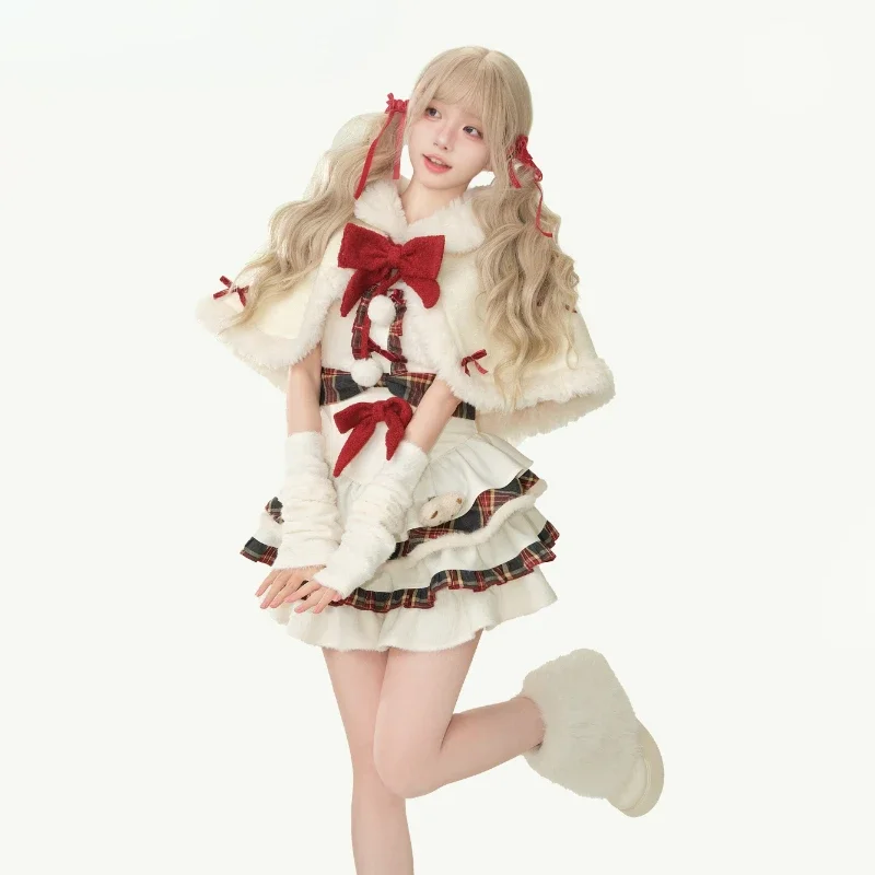 

Winter Kawaii Lolita Dress Sets Women Bow Hooded Shawl Short Jackets Plaid Patchwork Mini Dresses Korean Christmas New Year Suit