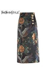 TWOTWINSTYLE Hot Color Printting Skinny Skirts For Women High Waist Patchwork Button Temperament A Line Skirts Female Fashion