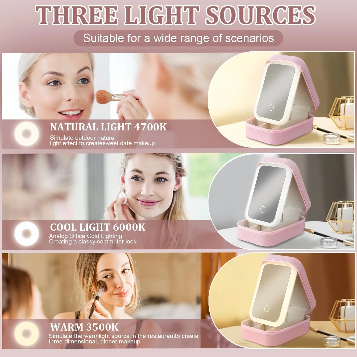 LED Three Color Adjustable Makeup Mirror, Colors Brightness Adjustable Makeup Mirror with Lights,Travel Makeup Bag with LED Adju