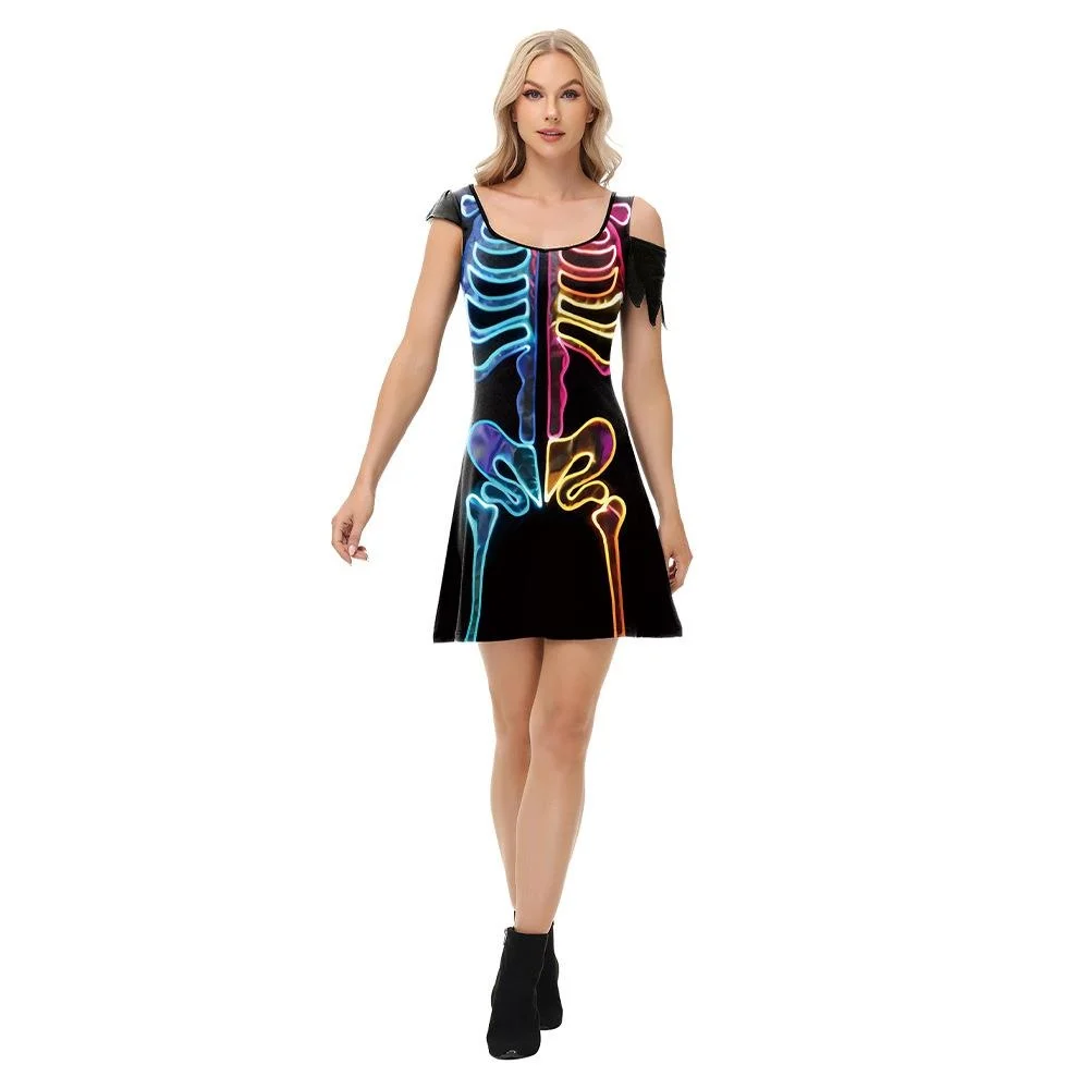 Halloween Skeleton Horror Dr k Sle Polyestervezel ort Sve Onregelmatige zoom Midi Dr voor dames Busin Occ...