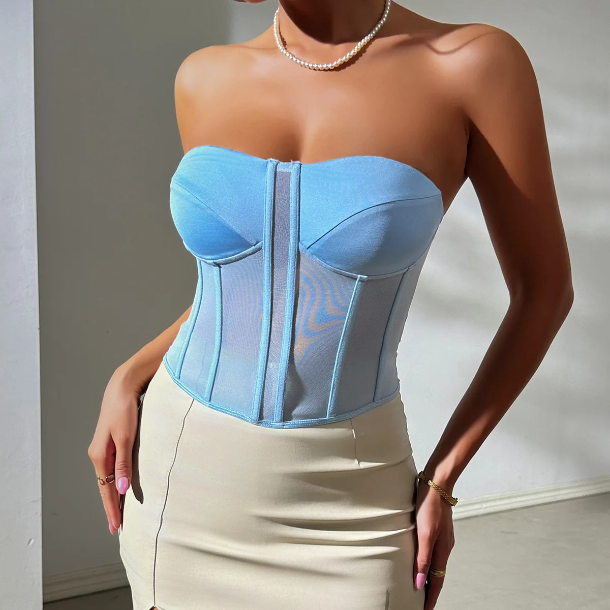 

Sexy Corset Top Women Sleeveless Off Shoulder Female Boned Cropped Streetwear Bustier Mesh Y2K Crop Top Party Club Outfits