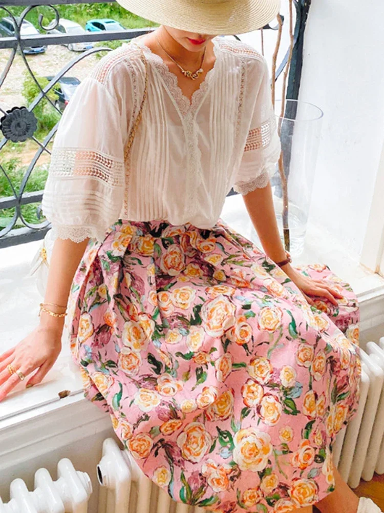 GypsyLady Floral Print Midi Skirt Pink Flower Summer Women Long Skirts Ruffles Elastic Waist Holiday Female Ladies Chic Skirt