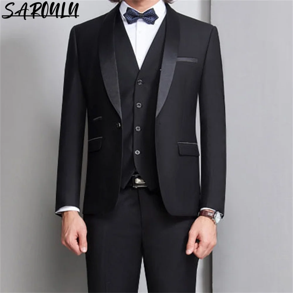 

2024 Black Groom Tuxedo for Wedding Prom Men Suits 3 Piece Smoking Formal Slim Fit Ceremony Male Clothes Set Vest Jacket Pants