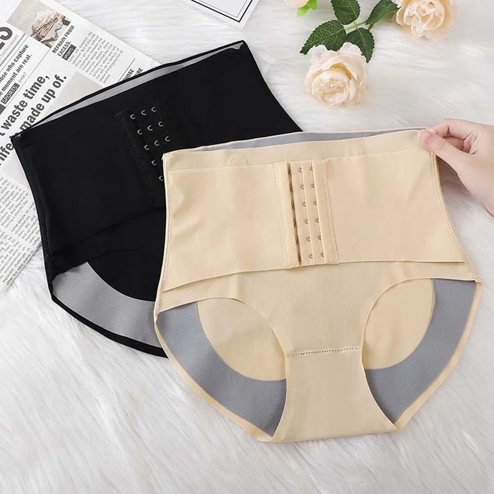 High Waist Butt Lifting Briefs with Buckle Waist Trainer Ice Silk Seamless Panties Women Belly Contracting Lingerie