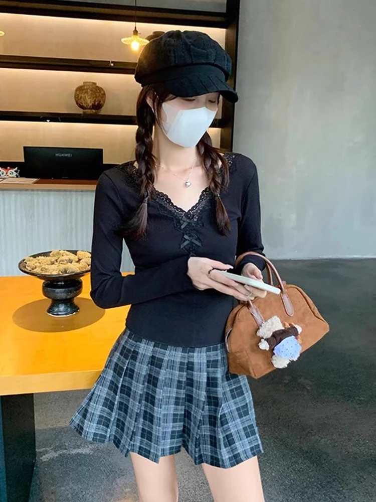 

Long Sleeved T Shirts Kpop Womens Autumn Folded Shoulder Button Neckline Straight Hem College Casual Youth Artistic Layered Tees