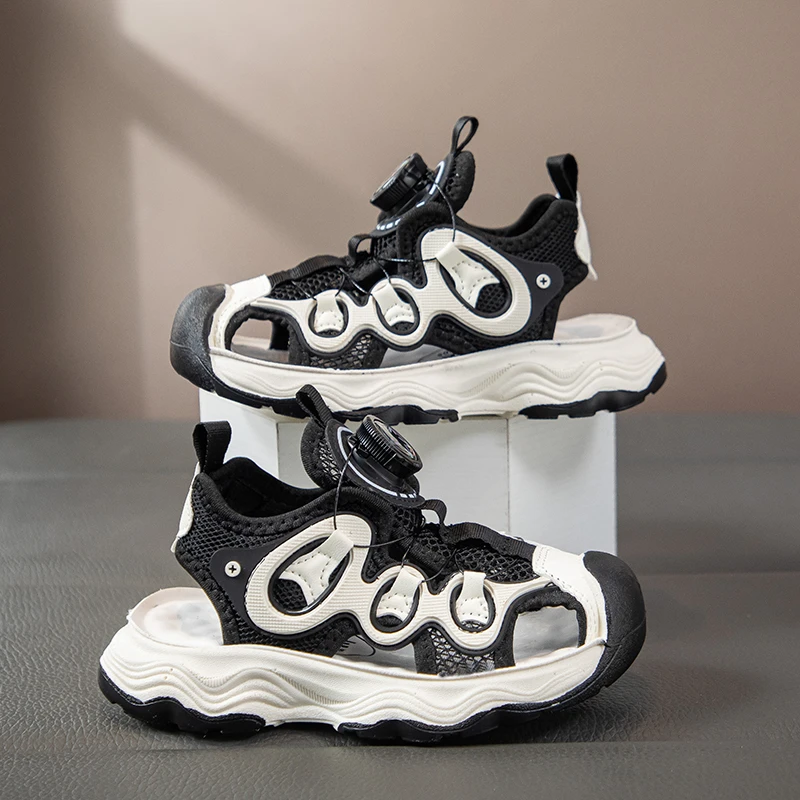 

2025 New Summer Breathable Mesh Kids Sandals for Boys Anti-slippery Sole Toddler Sports Sneakers Rotating Button Toes Capped Ins