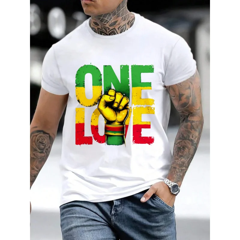 تي شيرت رجالي أبيض One Love Rasta Fist Print قطن عالي الجودة 180 جرام
