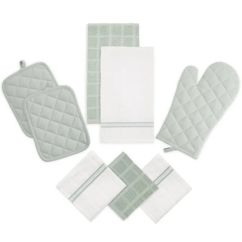 

NEW Kitchen Towel, Dishcloth, Oven Mitt, and Pot Holder 8 Pack Set, Sage, 100% Cotton-Fast shipping