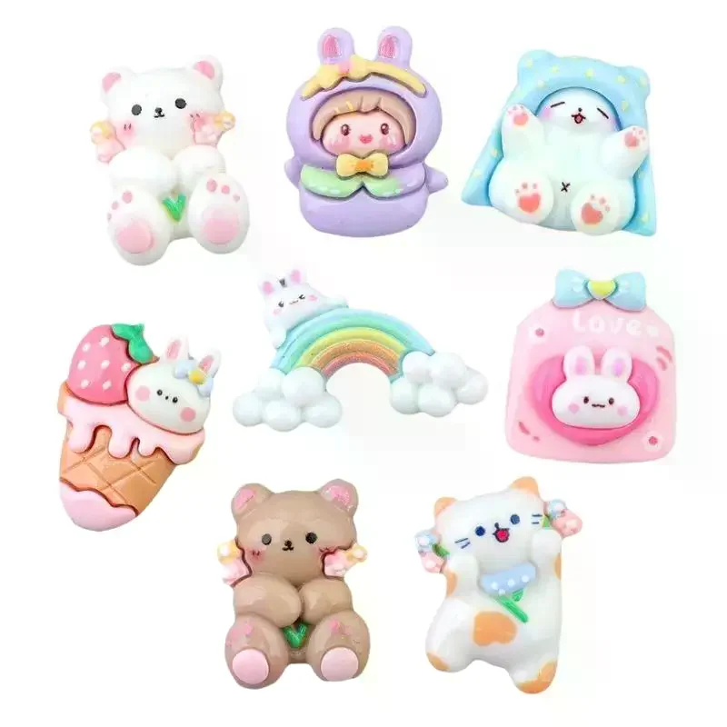 8Pcs Mini Cute Cartoon Cat Rabbit And Bear Series Flat Back Resin Cabochons DIY Jewelry Craft Decoration Accessories