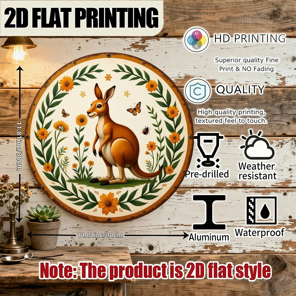 Retro Style Kangaroo Wreath Round Metal Wall Decor, 11.81x11.81 Inch Floral Sign for Home Kitchen Office Party Decoration
