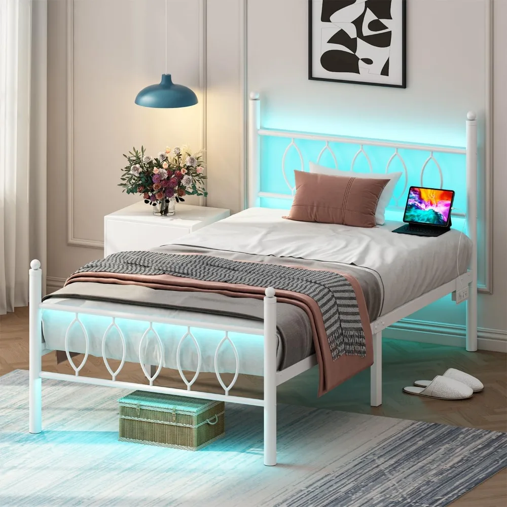 

Twin Size Bed Frame with Headboard,White Metal Platform Bed Frame Twin Size with Charging Station & LED Lights,12-Inch Under Bed