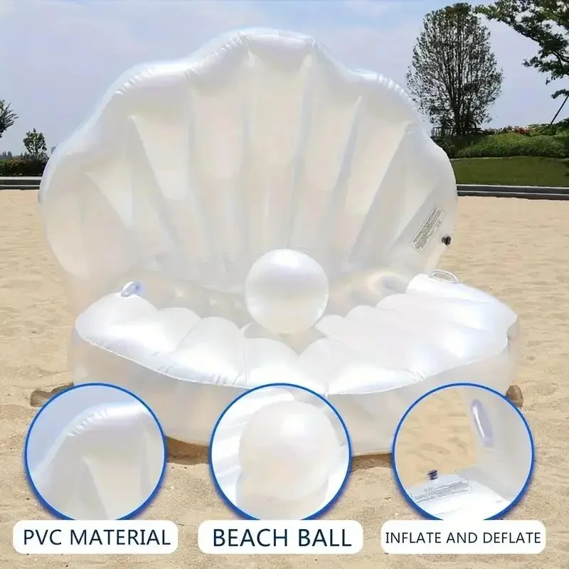 White PVC Giant Clam Inflatable Pool Float Seashell Floating Ride On with Pearl Ball Blow Up Beach Water Lounge Floatie