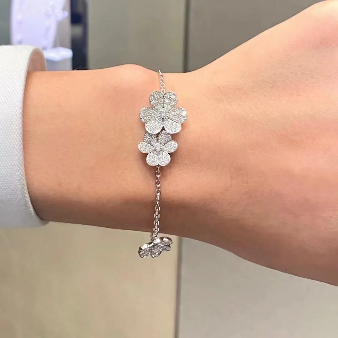 AETEEY S925 Sterling Silver Three Leaf & Five Flower Bracelet Necklace Full Paved Shiny Zircon Luxury Women Jewelry Set