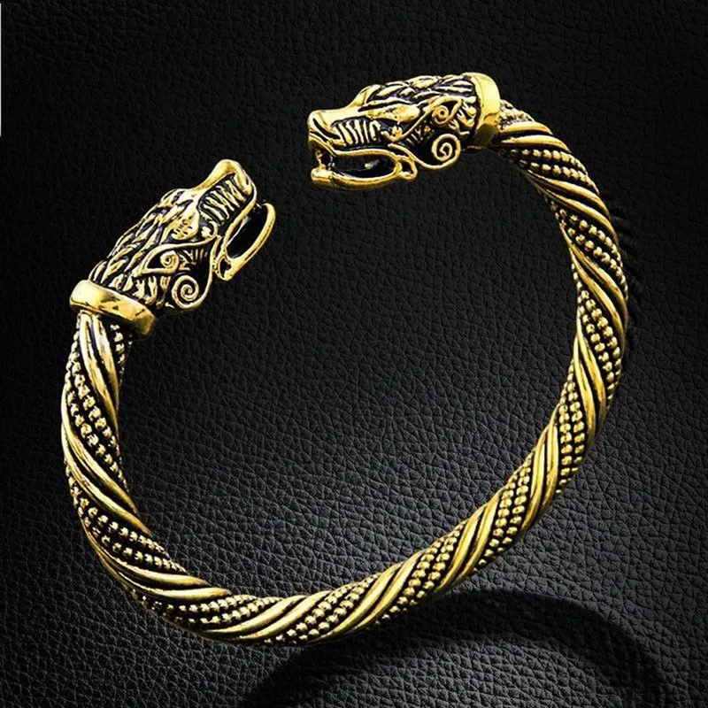 Classic Animal Viking Double Wolf Head bracciale regolabile da uomo bracciale in acciaio inossidabile Fashion Double Snake Heads Jewelry Gift