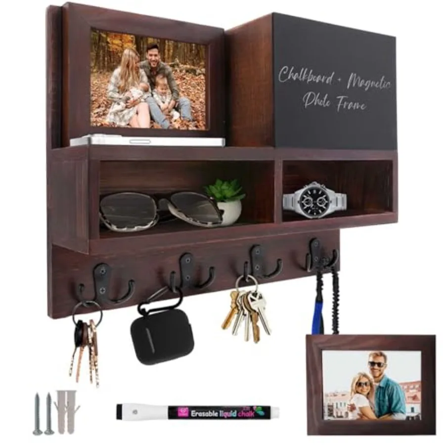 

Настенный органайзер для ключей и почты с меловой доской, магнитной фоторамкой, двойным хранением и отделениями для ключей и почты