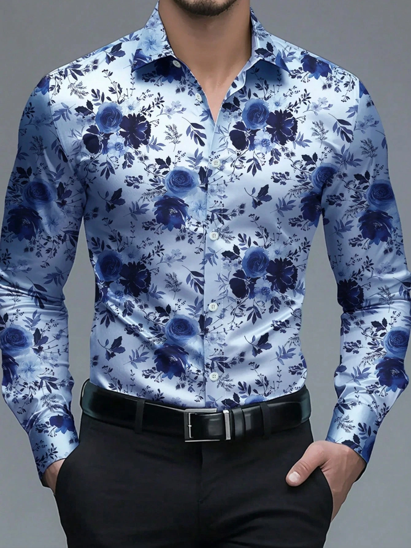 Men's Vacation Style All-Over Floral Printed Long Sleeve Shirt Men's Casual Business Dress Shirt Breathable Men Clothing