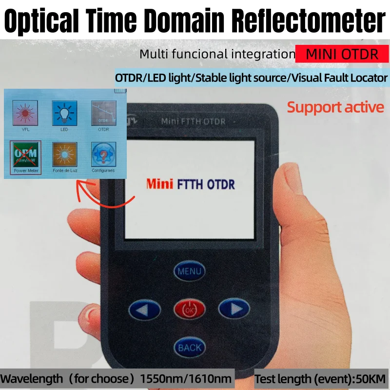 

MINI OTDR 1550/1610nm Active Fiber test Optic Fiber Reflect SC UPC test length 50kmwith VFL/LED/Stable light source