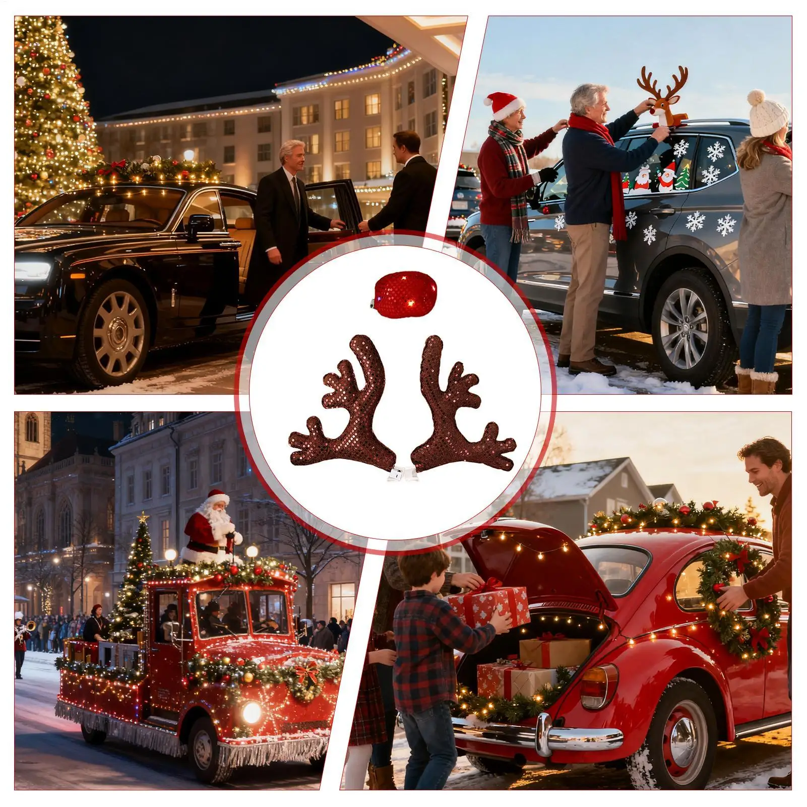 

Christmas Car Decor Christmas With LED Light Funny Nose Antlers Kit Vehicle Accessories For Winter Holiday New Year Family