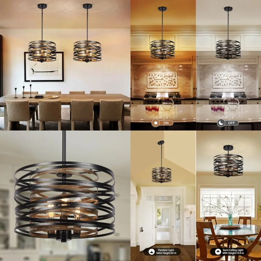 

Dining Room Chandelier 12.6" Black Chandeliers Wood Grain and Vintage Light Fixture for Kitchen Entryway Living Room