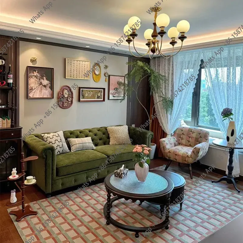 

N64 American fabric retro velvet sofa French light luxury living room solid wood buckle straight row three-person sofa