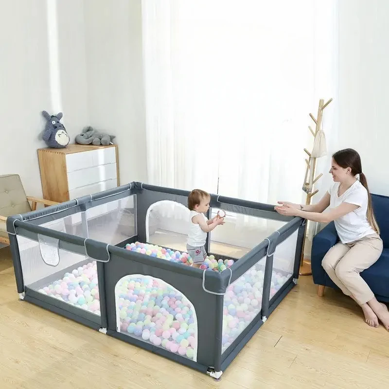 

BE12: 180x200cm Baby Playpen with Double Doors, Toddler Playground with Anti-Collision Safety Fence, Indoor Ball Pool with 50