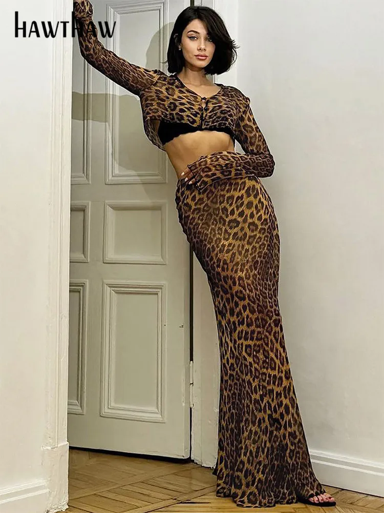 Hawthaw Women 2024 Spring Autumn Long Sleeve Crop Tops Long Skirts Mesh Leopard Two Piece Sets Wholesale Items For Business