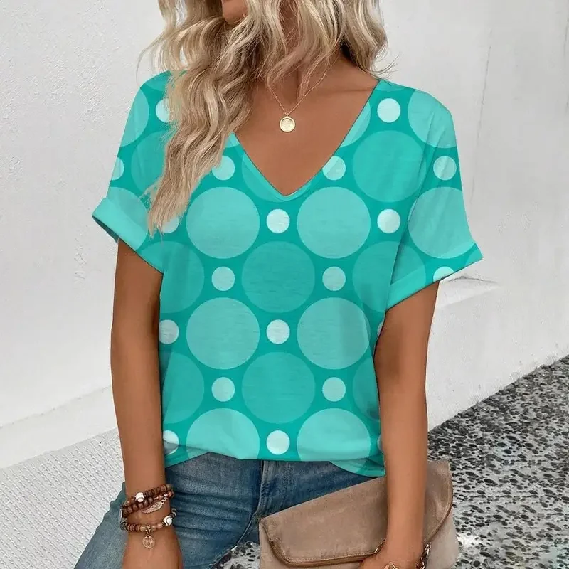 Women's Summer Short-Sleeved V-Neck T-Shirt 3D Polka Dot Print Casual Y2K Style Graphic Tee for Spring Autumn