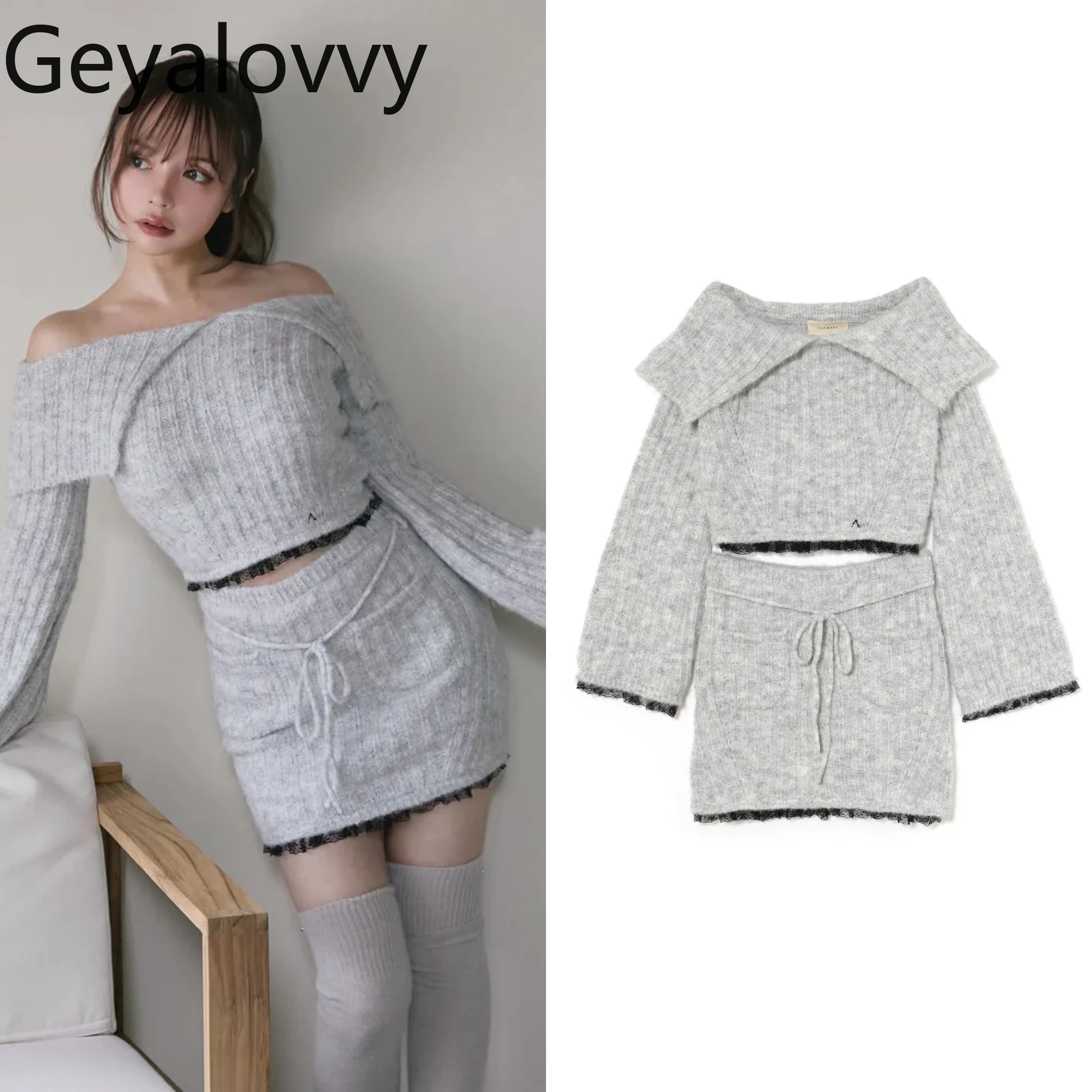 

2025 New Autumn Winter Japanese Versatile Sweet Pullover Off-Shoulder Knitted Suit Fashion Long Sleeve Top and Short Skirt Set