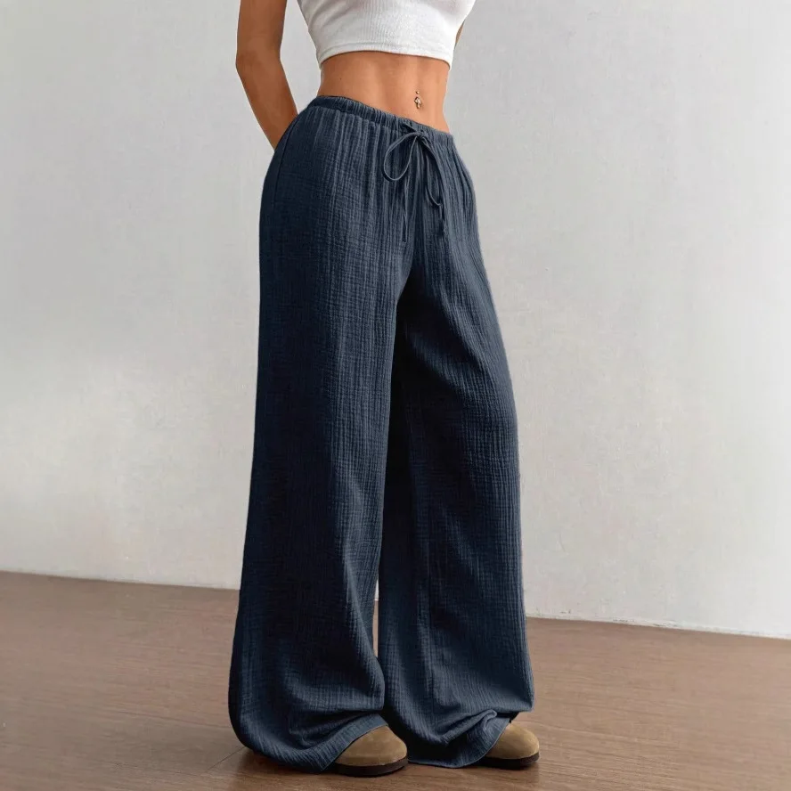 女性用カラールーズワイドレッグカジュアルパンツ、ローウエスト、無地、春シーズン、レディースファッション、ルーズ、PVC素材