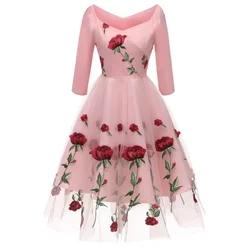 New Retro Elegant Rose Embroidery Party Dresses Women Vintage 50s Mexican Ethnic Floral Boho Midi Off Shoulder Evening Vestidos