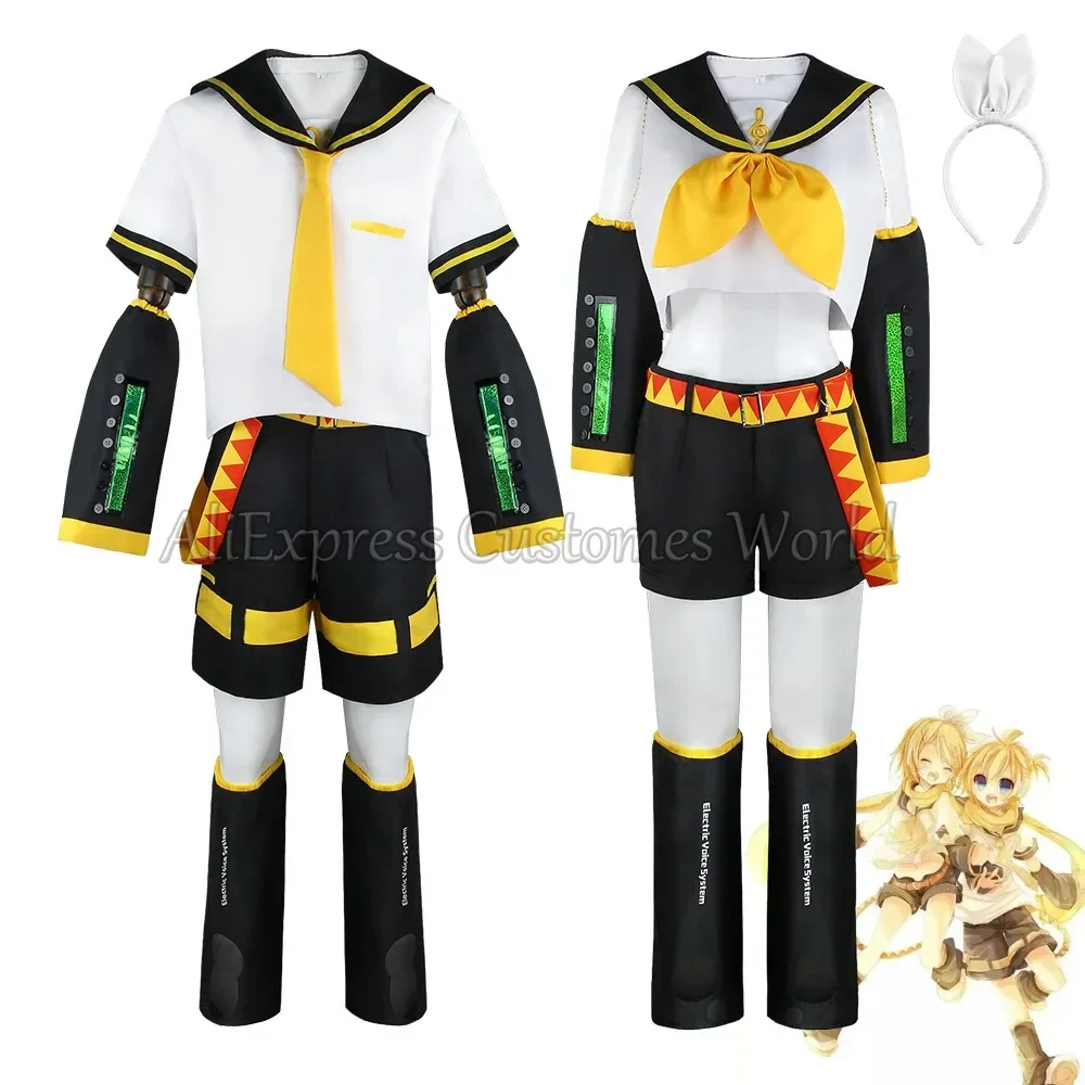 Anime Kagamine Rin Len Cosplay kostiumy mundurowe japońskie Kagamine Piapro koszulki na Halloween spodenki damskie męskie legginsy nakrycia głowy