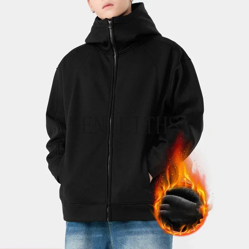 New Jackets Coats Men Fleece Fashion Grey Green Sweat Coat Man Daily Popular Splicing Zipper Clothing Male