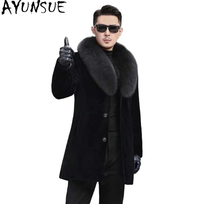 

AYUNSUE New 100% Wool Coats for Man Winter Mid-length Casual Sheep Shearing Jacket Men Fox Fur Collar Warm White Duck Down Coat