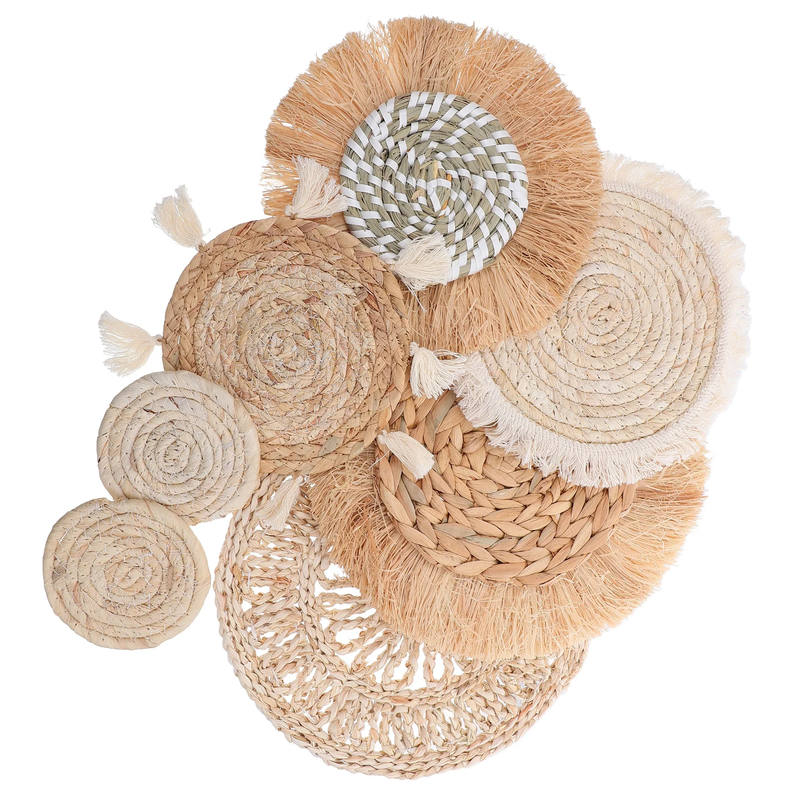 

7Pcs Boho Wall Decor Baskets Handmade Woven Hanging Tapestry Macrame Tassels Rustic Farmhouse Living Room Bedroom Art