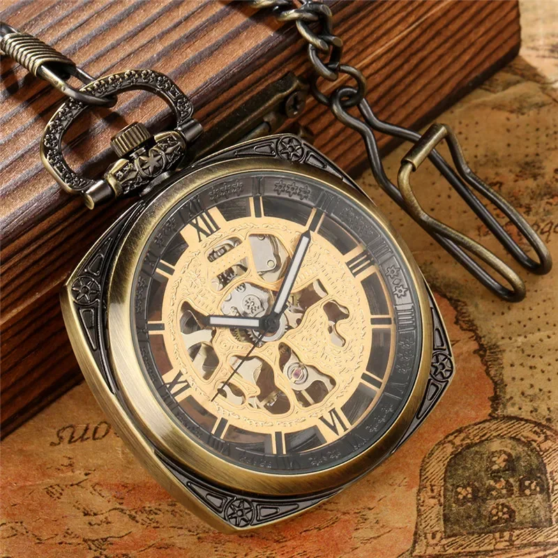 Classic Mechanical Pocket Watch Handwinding Skeleton Clock Roman Number Display Luminous Hands Timepiece with FOB Chain