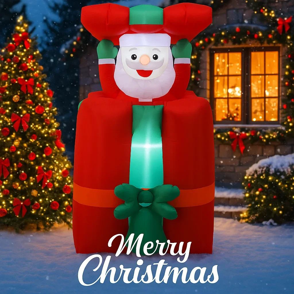 Caja de regalo inflable de Papá Noel de 1,5 M/4,9 pies, luces LED de Navidad para decoración del hogar, juguete para patio, decoración de iluminación para fiestas navideñas al aire libre