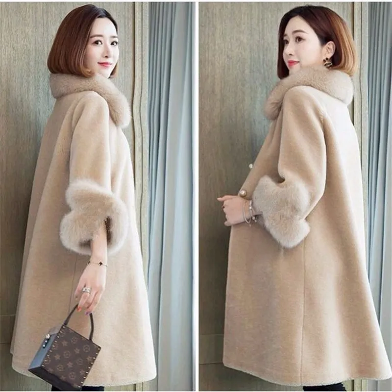 Autumn and Winter New Imitation Sheep Fleece Coat Women's Mid length Imitation Fox Fur Collar Loose Grain Fleece Imitation Fur