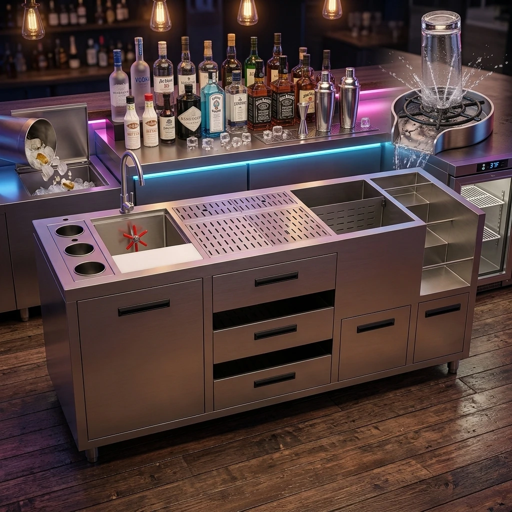 Stainless Steel Cocktail Station Hotel Refrigeration Equipment Commercial Bartender Workbench Fridge Bar Counter With Fridge