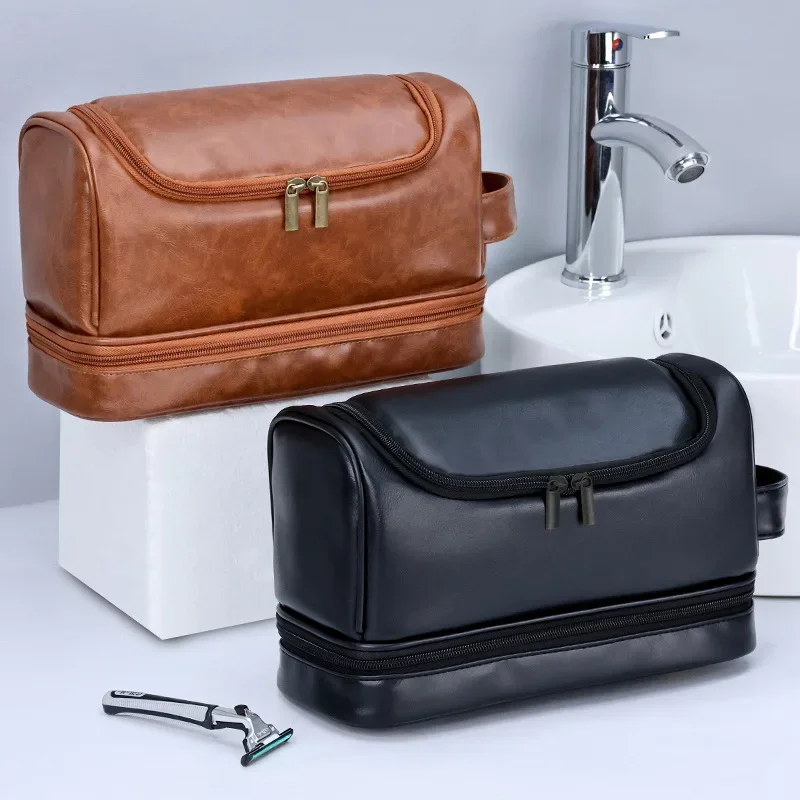 2024 New Hanging Makeup Bag Large Capacity PU Leather Wash Bag Double layered Men's cosmetic bag travel essentials organizer